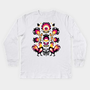Folk composition with roosters and flowers Kids Long Sleeve T-Shirt